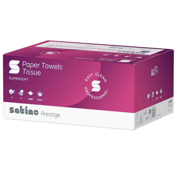 Satino Prestige håndklædeark - V-fold 2-lags, 3000 ark, 25 x 23cm